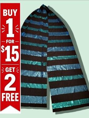 Black Scarf with Teal & Blue Sequin Stripes 70” x‎ 9.5”